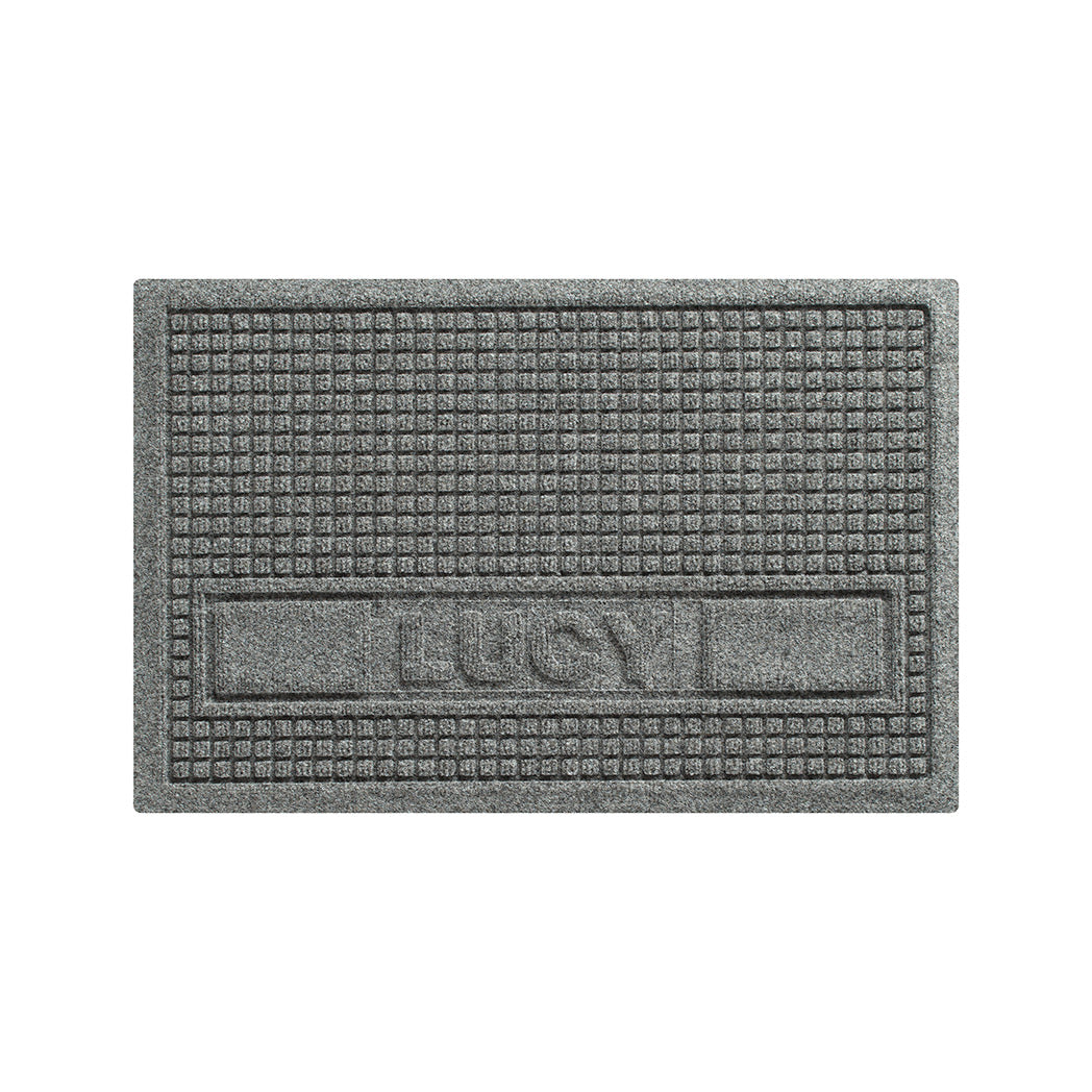 WaterHog Squares medium-sized personalized pet bowl mat in a light grey, fast-drying surface with the pet name LUCY in all caps on the lower half of the mat.