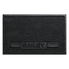 Overhead of a large WaterHog Sqaures pet mat personalized with an all-caps Bailey in the lower center of the mat, with two medium rectangular blocks on the side, in a dark grey, eco-friendly surface.