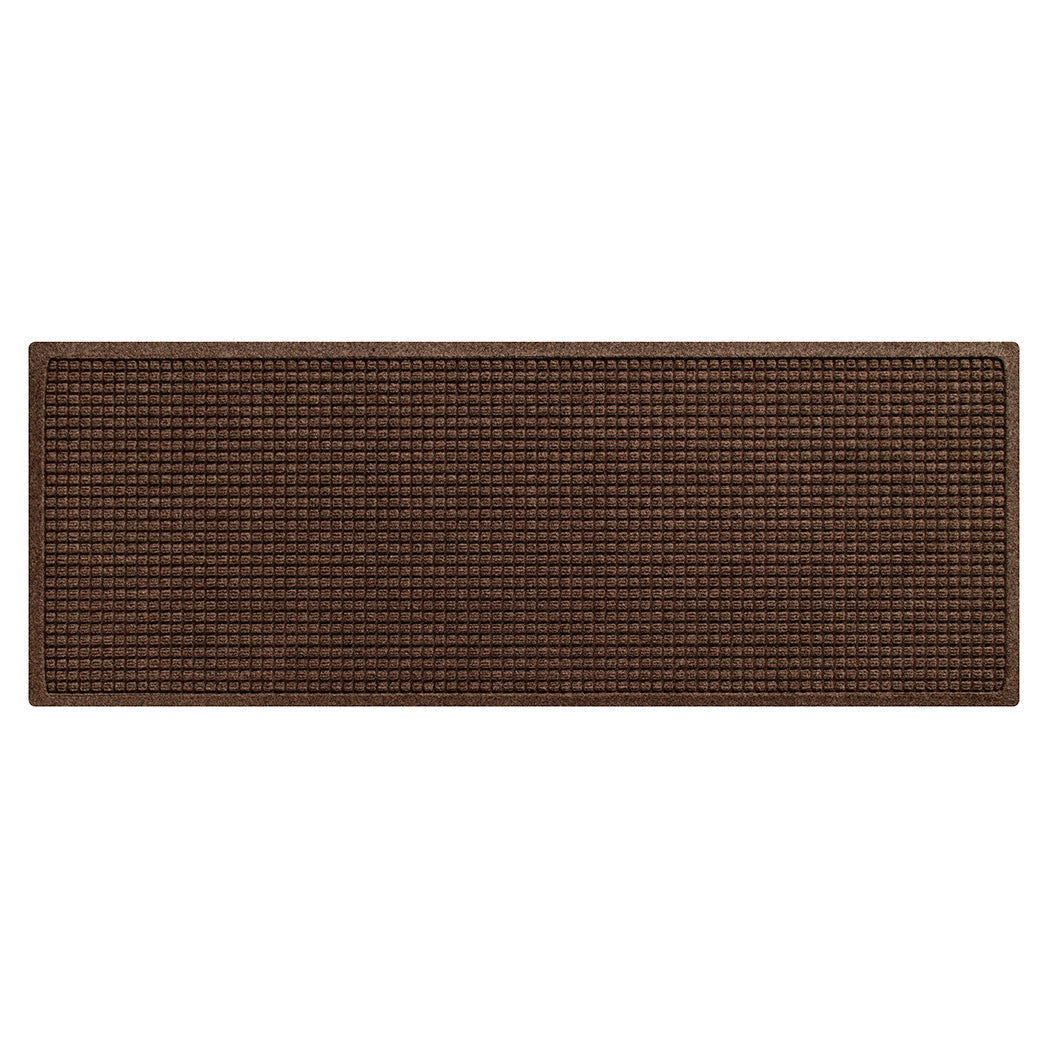 A genuine WaterHog squares outdoor small runner mat with a dark earthy brown surface and uniform grid pattern.