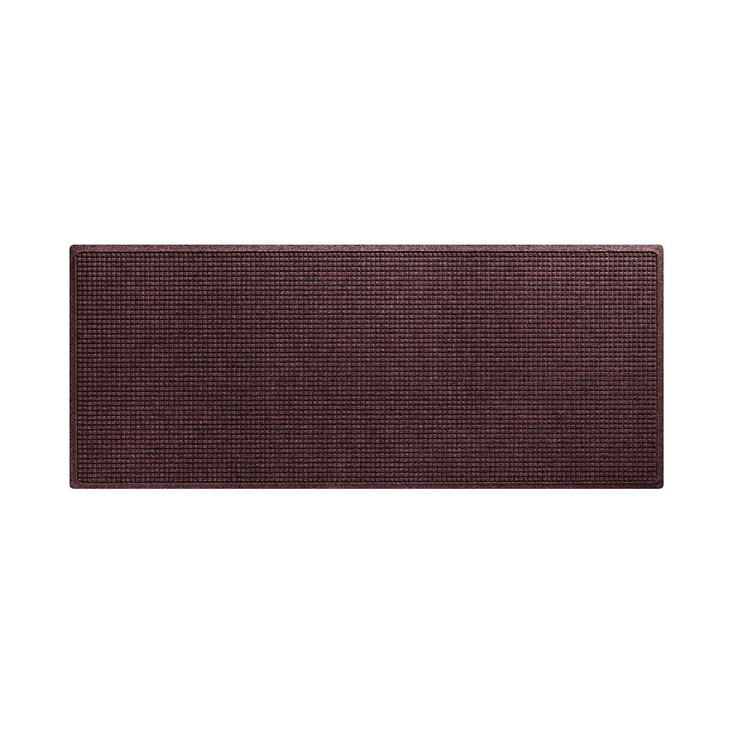 Overhead of a genuine WaterHog Squares outdoor medium runner with a deep wine red, stain-resistant bi-level surface.