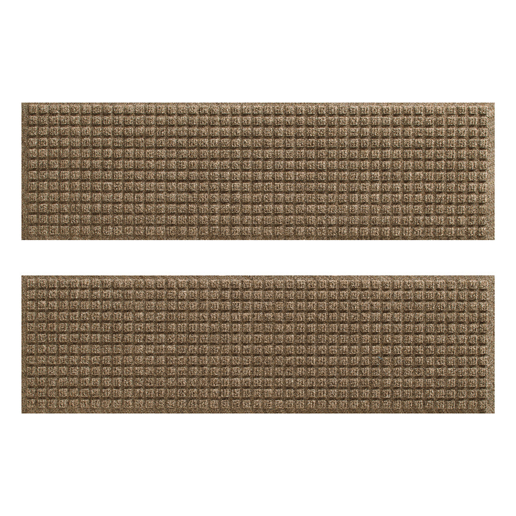 Pair of WaterHog squares indoor/outdoor stair treads in a light tan color and durable rubber backing made in America.