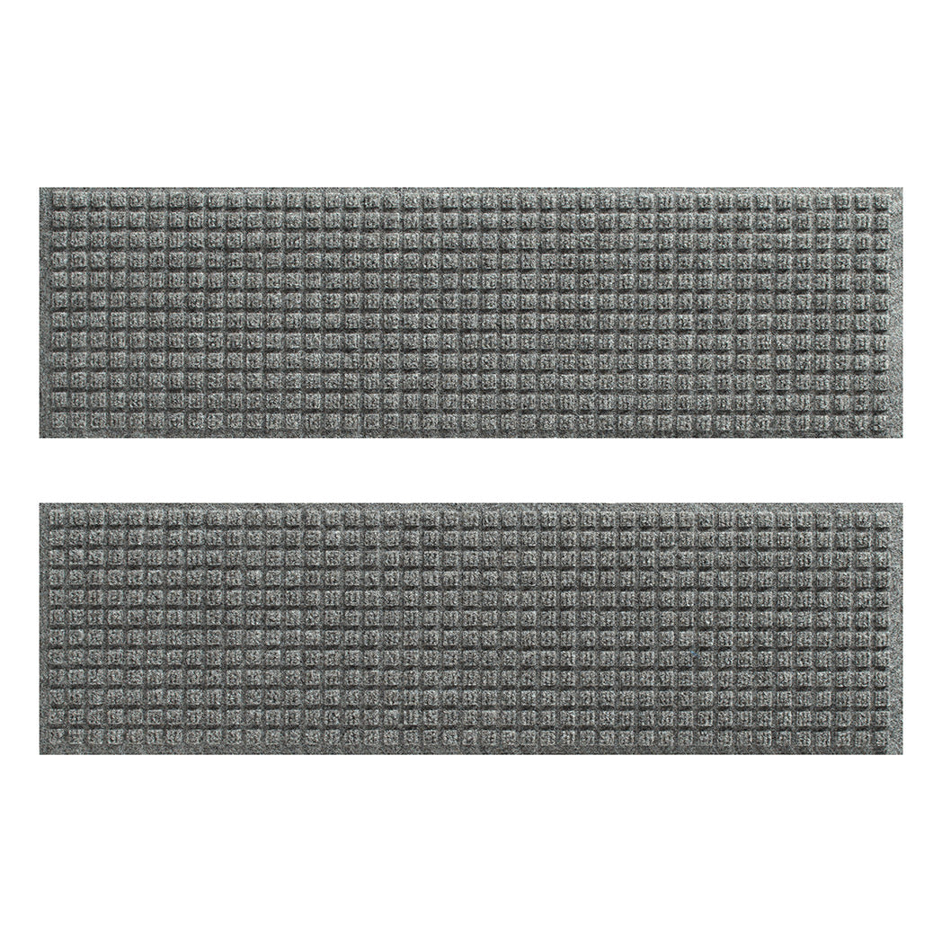 WaterHog indoor/outdoor luxury stair treads in a light grey uniform grid design; an American-made mat.