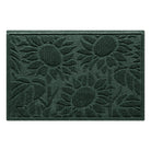 Overhead of a classic forest green WaterHog outdoor doormat in the Sunshine Day design made up of three sun flowers surrounded by leaves, shown on a white background.