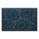 A classic navy WaterHog Sunshine Day doormat featuring a sunflower design with three large sunflowers, surrounded by leaves and stems, creating a novelty doormat that effectively scrapes and traps dirt and moisture from shoes.