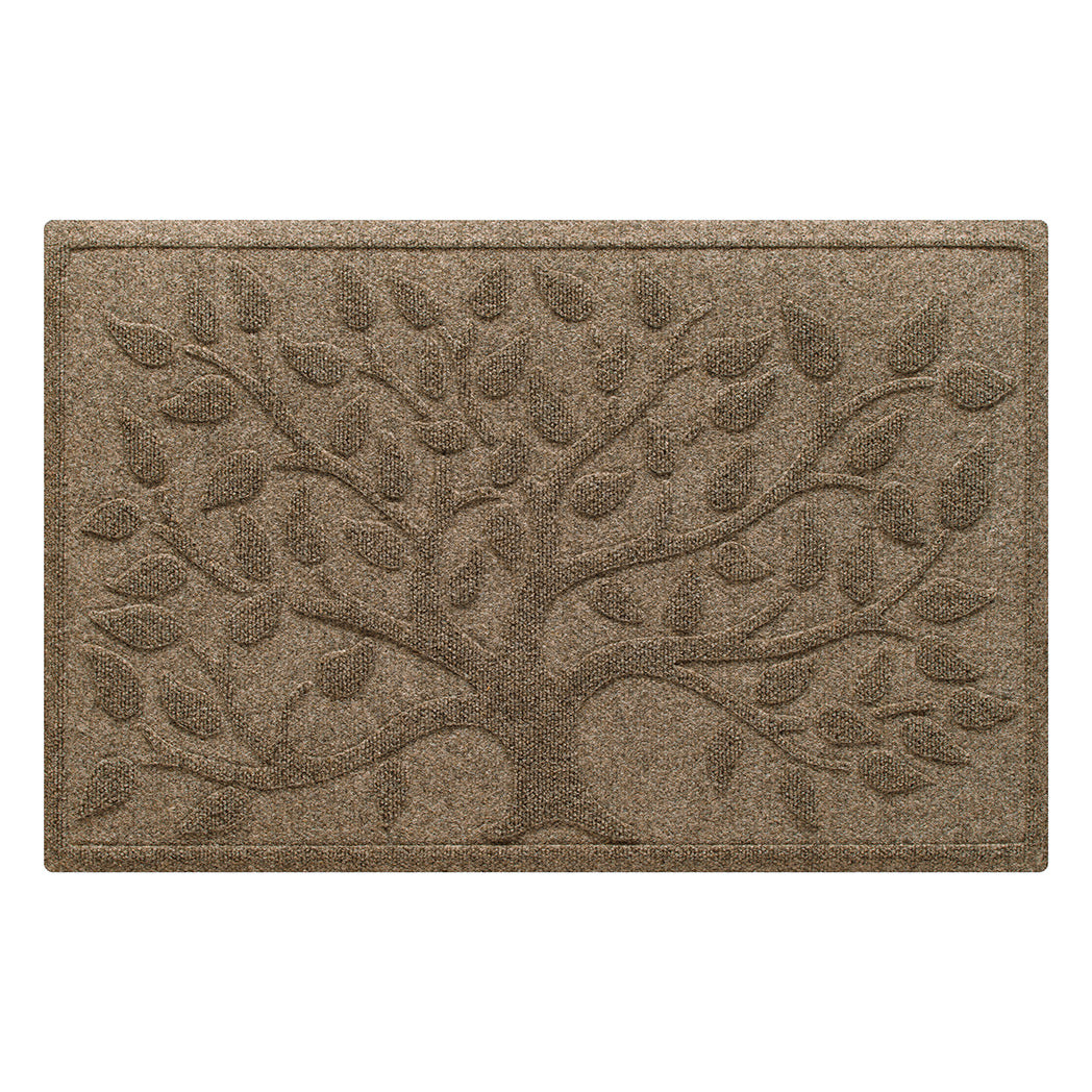 Overhead of medium WaterHog Tree of Life doormat featuring the large tree on a tan, fast-drying surface and durable rubber backing, that's all made in the USA.