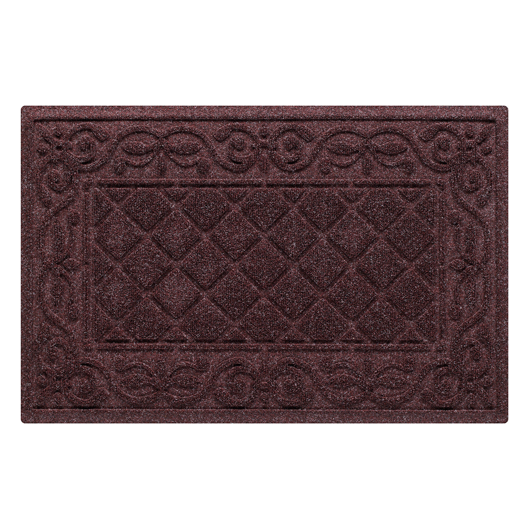 A timeless WaterHog doormat shown in a single door, deep-wine red color in the two-part Tristan design of the classic diamonds pattern boarded by an ornate scroll design.