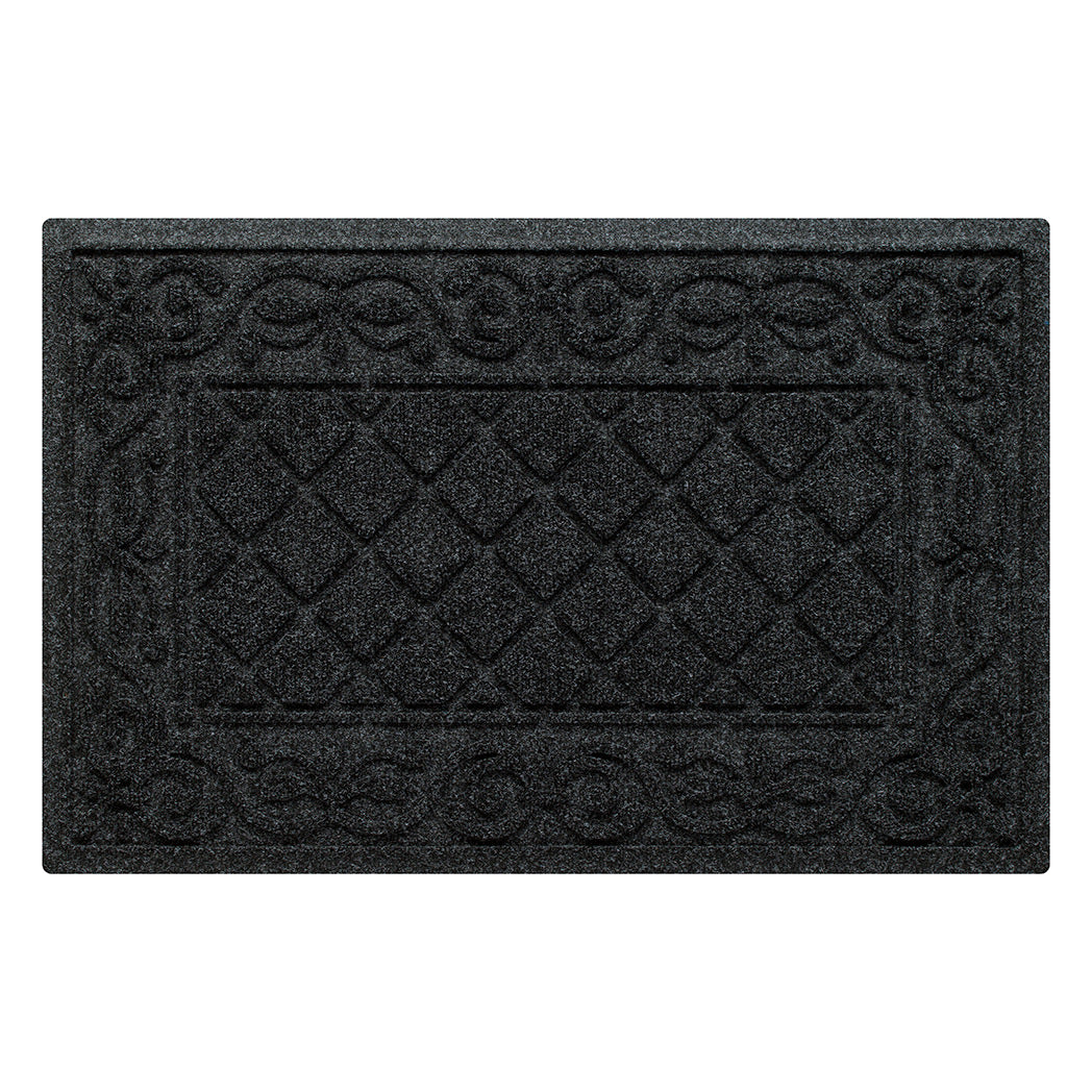 A WaterHog Tristan outdoor doormat in the color charcoal that's a single-door modern mat that is as beautiful as it is hard work - a traditional diamond pattern bordered by an ornate scroll design.