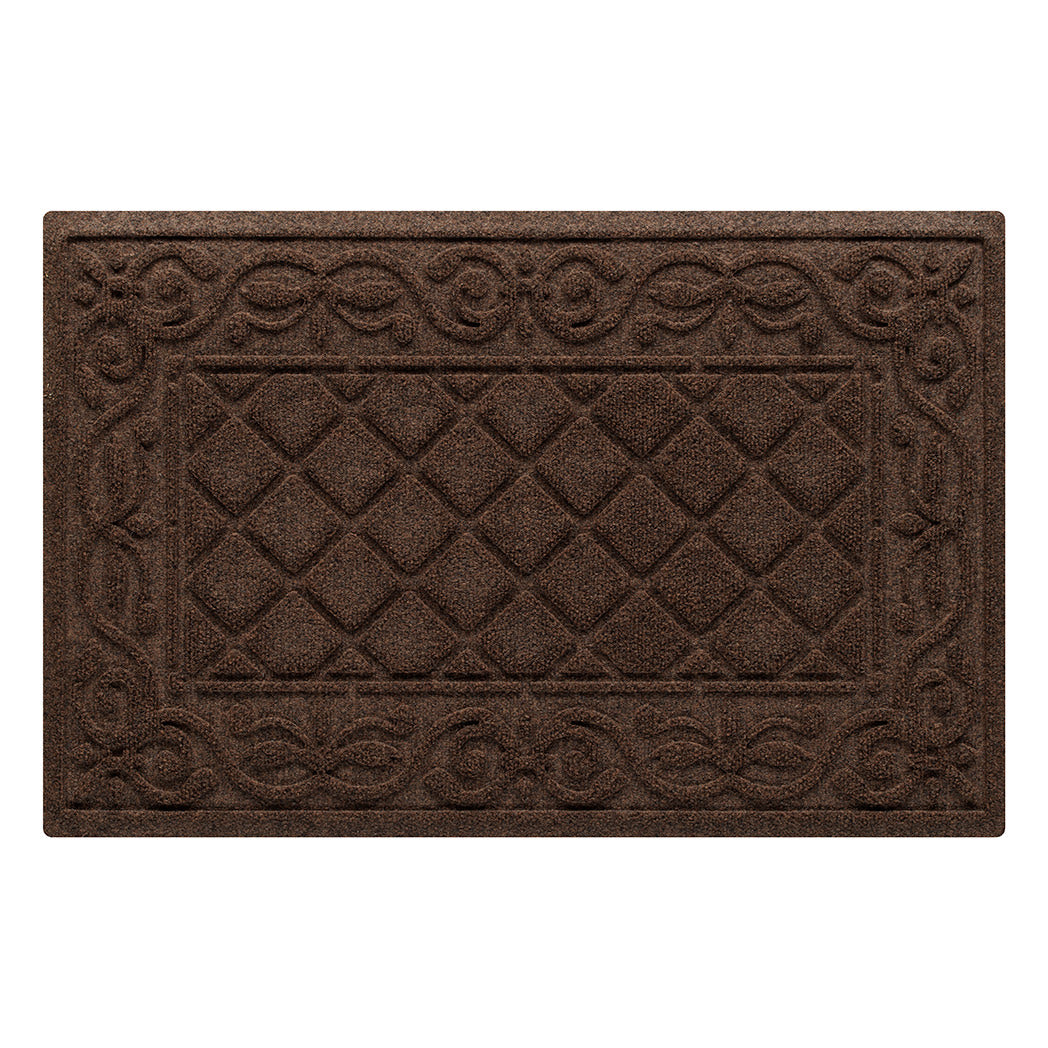 A warm brown WaterHog medium doormat in the two-part Tristan design - diamond pattern bordered by a scroll design, backed by the beast of our in-house rubber backing.