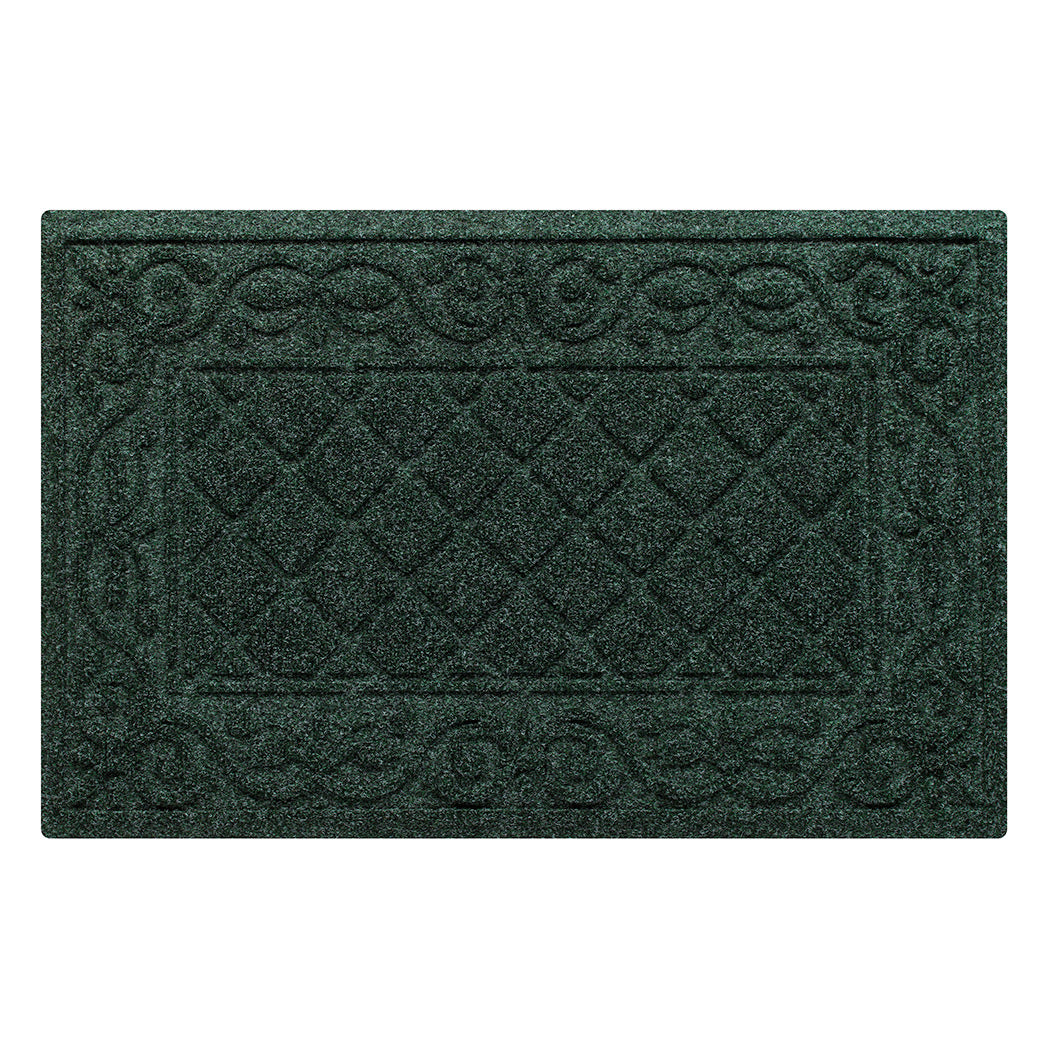 Overhead of a classic forest green WaterHog outdoor doormat in the Tristan design of a centered diamond pattern bordered by an ornate scroll design for a timeless, hard-working doormat.