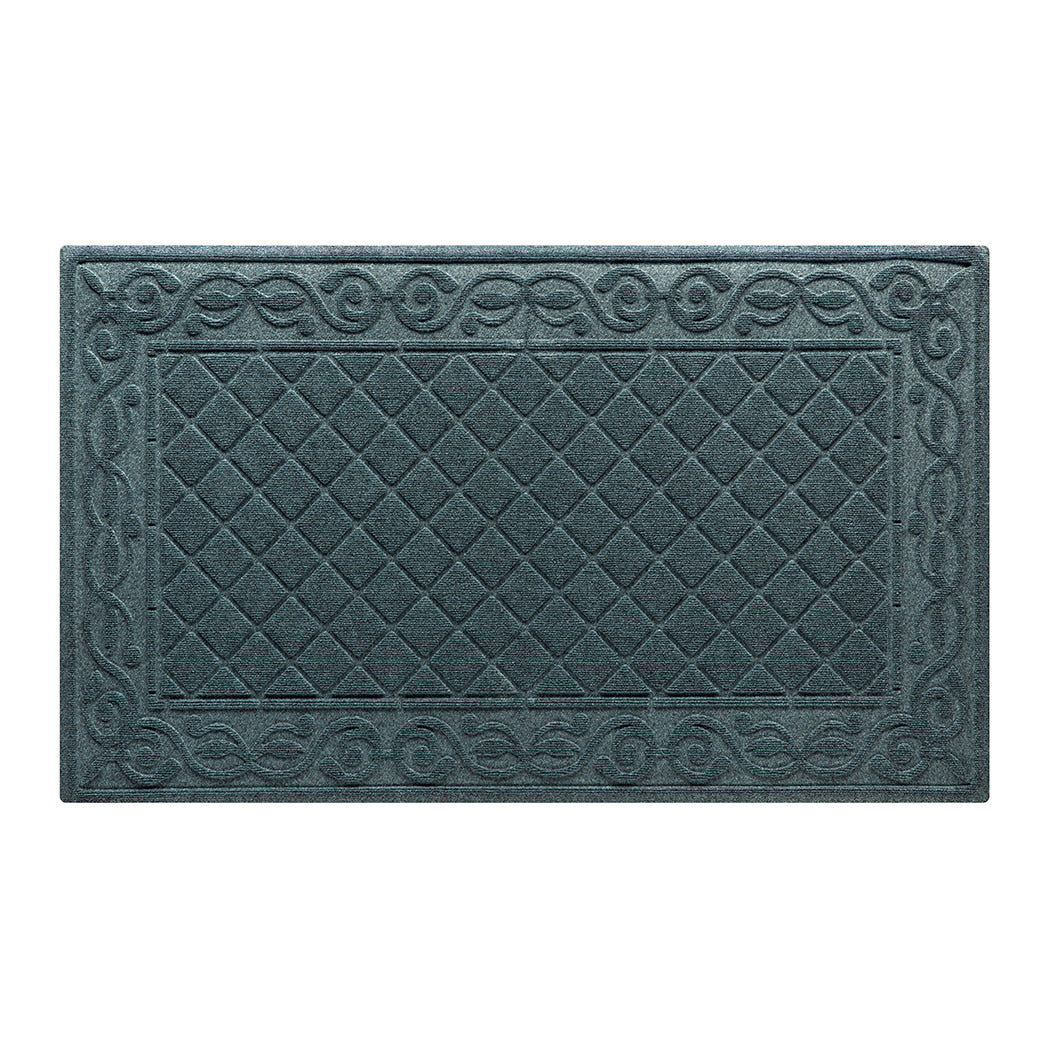 An overhead view of a medium WaterHog Tristan durable doormat with a two-part design - a diamond pattern border but a scroll design, allowing this elegant mat design to be as stylish as it is durable.