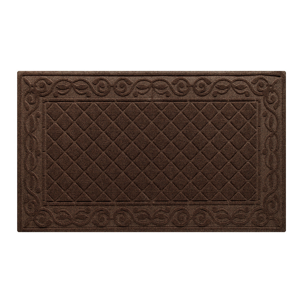 A 3'x5' WaterHog outdoor doormat in the two-part Tristan design - diamond pattern bordered by a scroll design, colored in a warm brown, and backed by durable, in-house rubber.