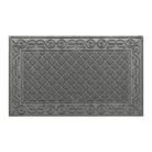 An overhead of a large WaterHog Tristan indoor/outdoor doormat in a soft, neutral grey that features the diamond pattern with an ornate scroll border, shown on a white background.