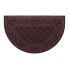 A timeless Half-Round WaterHog doormat shown in a deep-wine red color in the two-part Tristan design of the classic diamonds pattern boarded by an ornate scroll design.