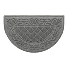 An overhead view of a classic medium grey Tristan Half-Round doormat, which features an ornate scrollwork pattern that borders the classic, squared-off diamonds pattern in the center, shown on a white background.