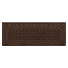 A dark brown WaterHog runner in the Tristan all-weather mat design with a two-part design - an ornate scroll pattern boarding the classic diamonds pattern, shown on  a white background.