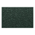 An overhead view of a 2x3 foot indoor/outdoor WaterHog doormat in a forest green color with a bi-level tropical leaf design and a raised border shown on a white background.