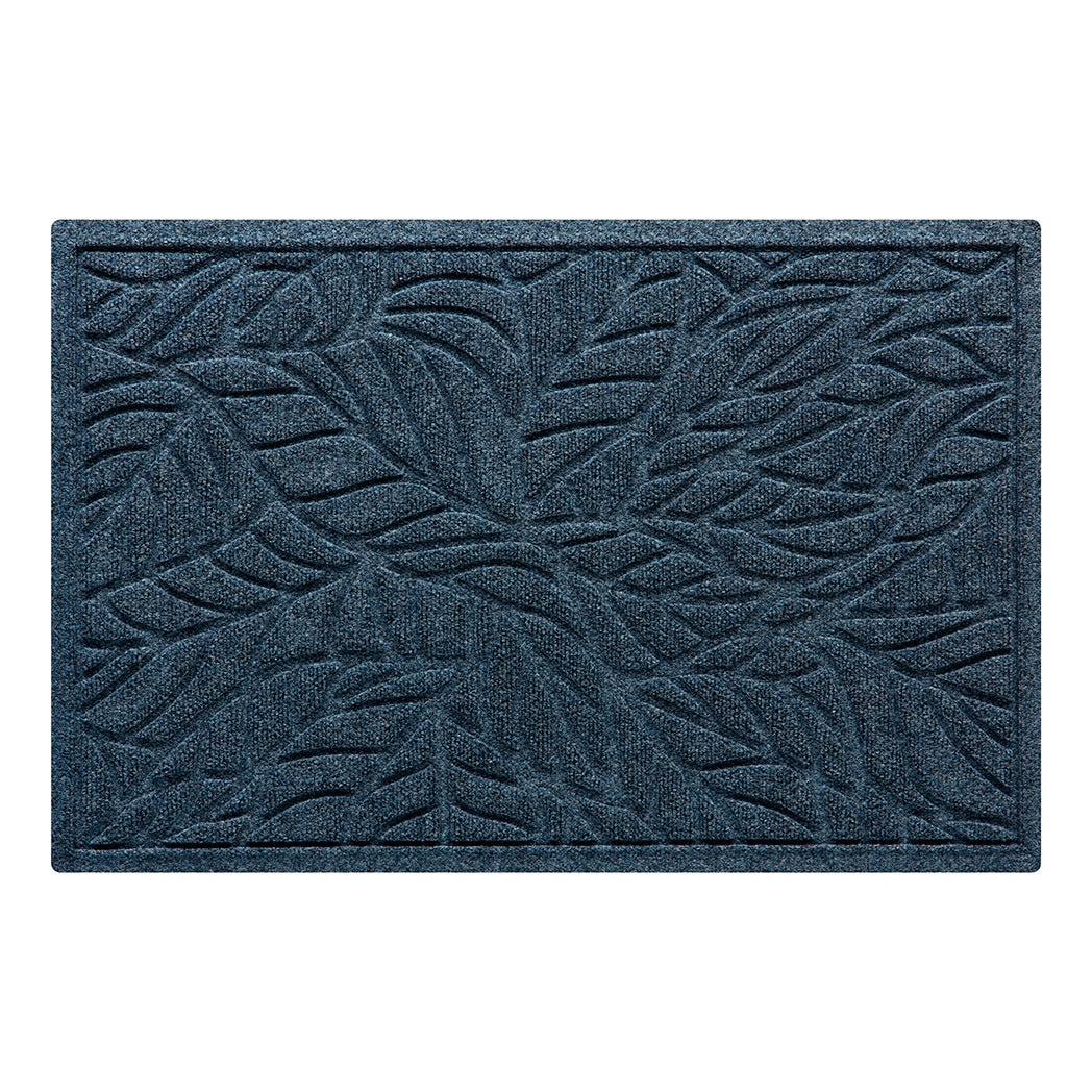 A WaterHog muted blue doormat featuring a bi-level tropical leaf pattern made to trap dirt and moisture while the bordered edges contain water.