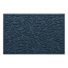 A WaterHog muted blue doormat featuring a bi-level tropical leaf pattern made to trap dirt and moisture while the bordered edges contain water.